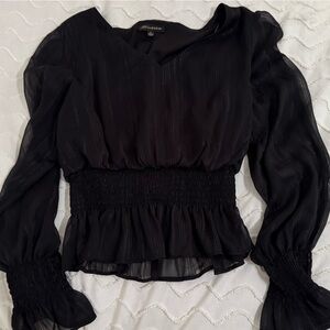 Black Sheer Smocked Waist Blouse -